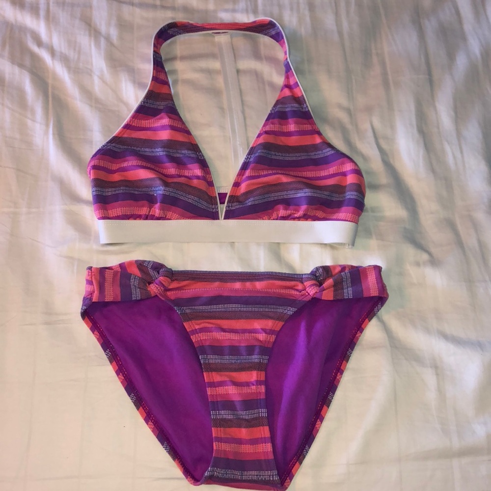 Athleta bikini- purple pink and orange stripes
